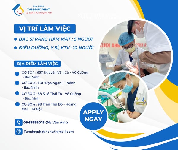 VỊ TRÍ CẦN TUYỂN Bác sĩ Răng Hàm Mặt: 05 người