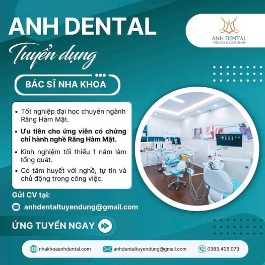 Phòng khám Nha Khoa Anh Dental cần tuyển 2 vị trí Bs