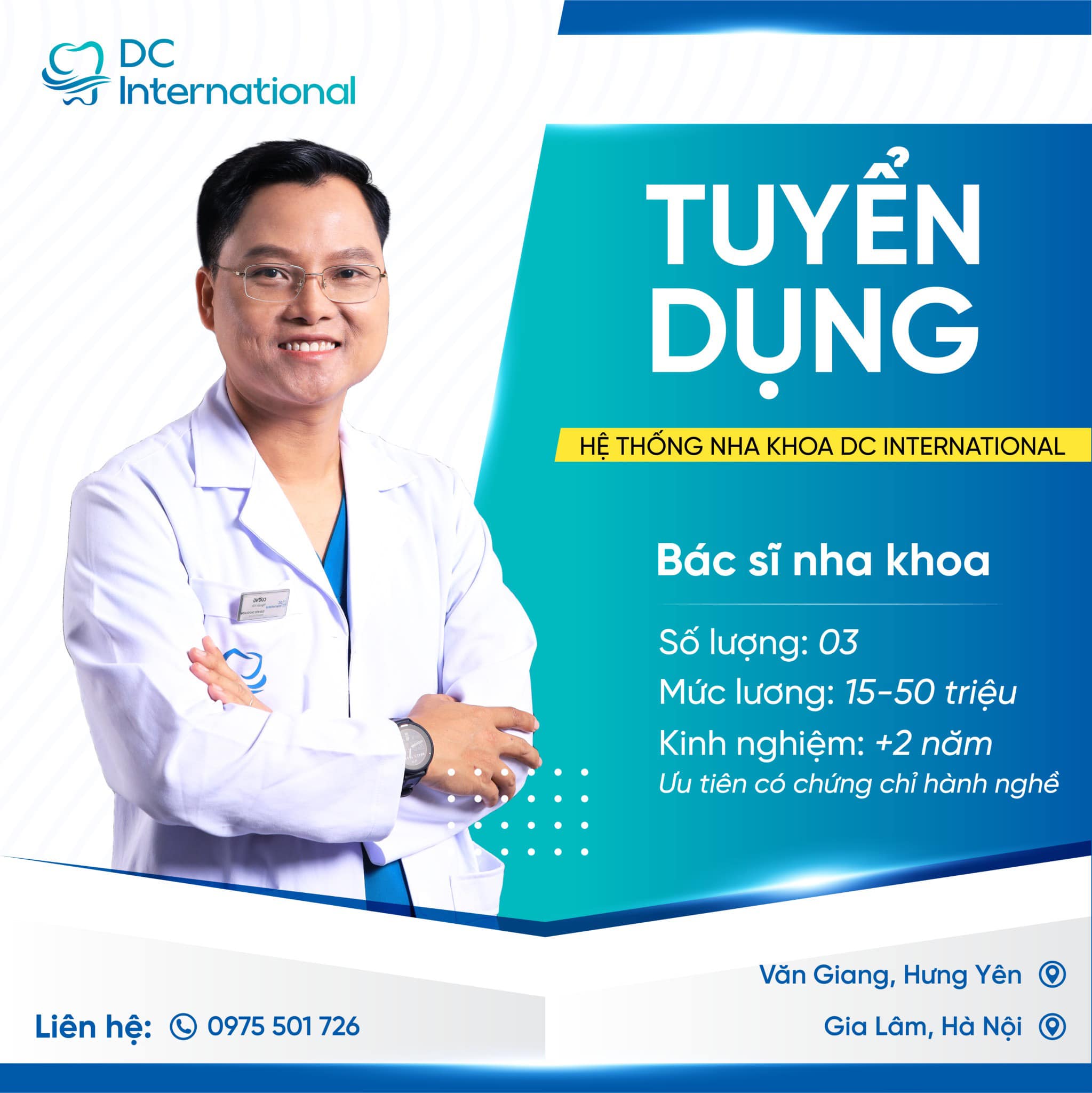 Hệ thống Nha Khoa DC International cần tuyển gấp Bác sĩ RHM