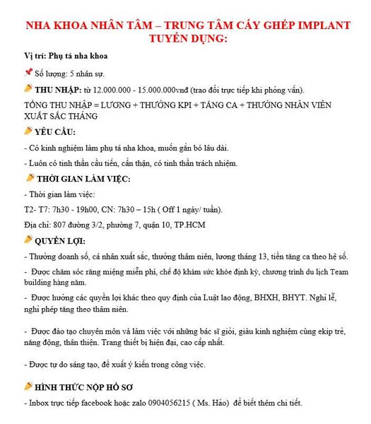 TUYỂN DỤNG PHỤ TÁ CÓ KINH NGHIỆM, ÍT KINH NGHIỆM SẼ ĐƯỢC ĐÀO TẠO.