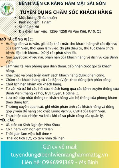 BỆNH VIỆN RĂNG HÀM MẶT SÀI GÒN cần tuyển: