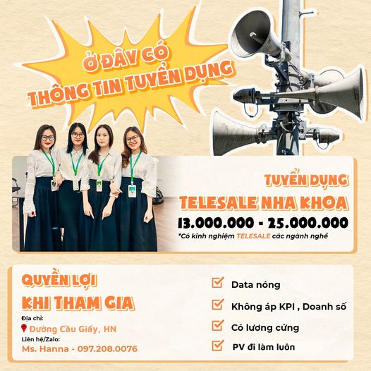 CẦU GIẤY - TUYỂN DỤNG TELESALE ĐẶT LỊCH HẸN NHA KHOA