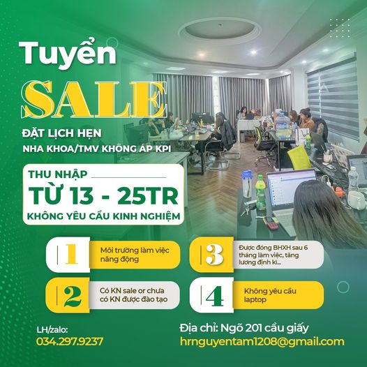 Bên mình cần gấp 02 Telesale Nha khoa đã có KN telesale,phụ tá,TVV