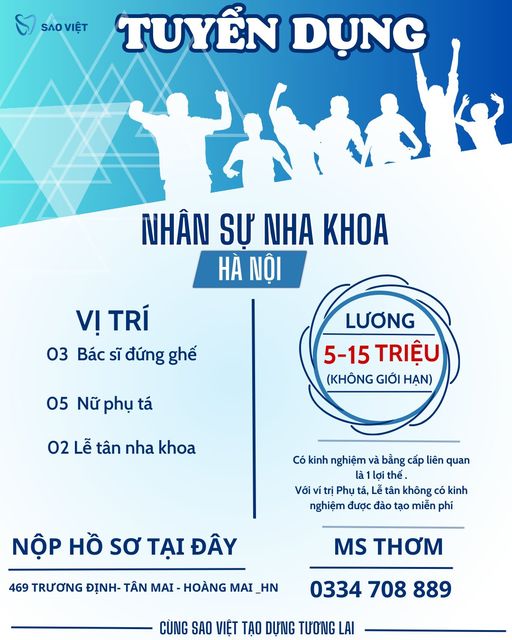 Phòng khám Nha Khoa Sao Việt cần tuyển :