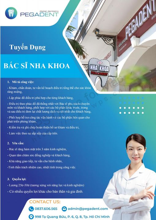 Nha khoa Pegadent tuyển dụng: Vị trí: Bác sĩ RHM (Nam)