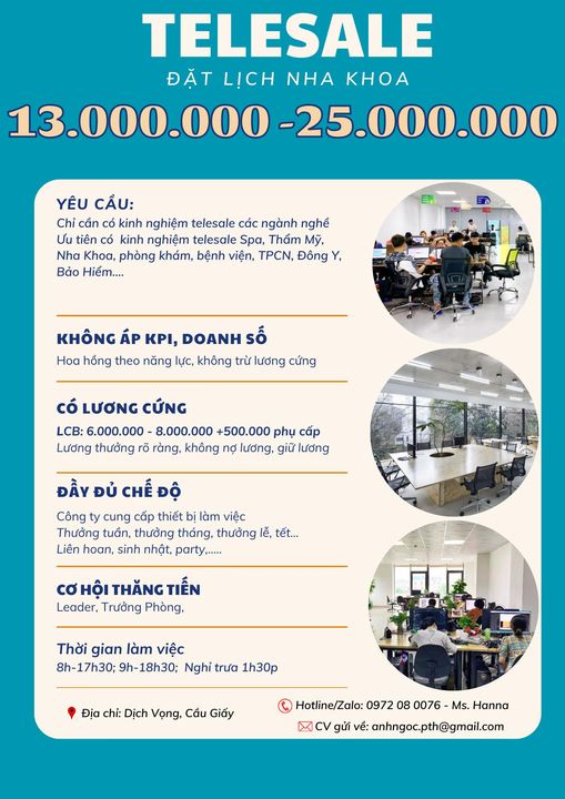 Tuyển dụng telesale đặt lịch hẹn Nha Khoa thử việc 100% lương