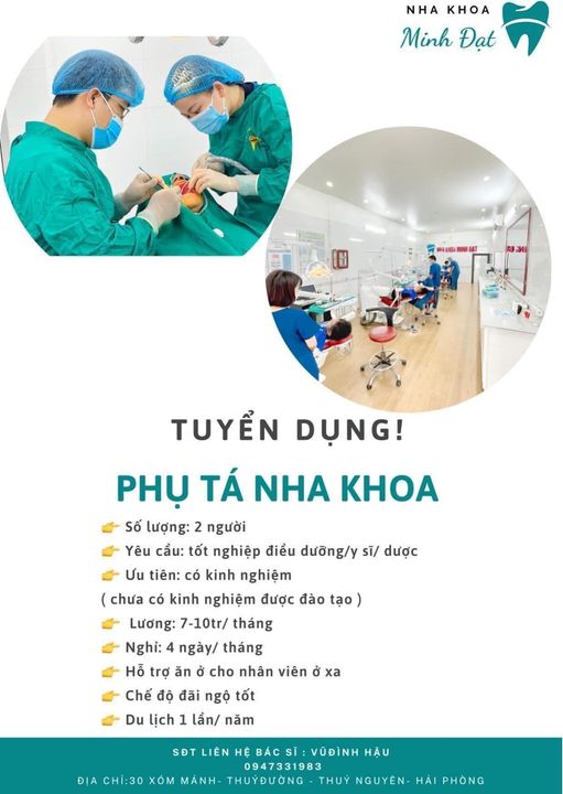 𝐍𝐡𝐚 𝐤𝐡𝐨𝐚 𝐌𝐢𝐧𝐡 Đ𝐚̣𝐭 đang tuyển dụng vị trí điều dưỡng- phụ tá nha khoa 