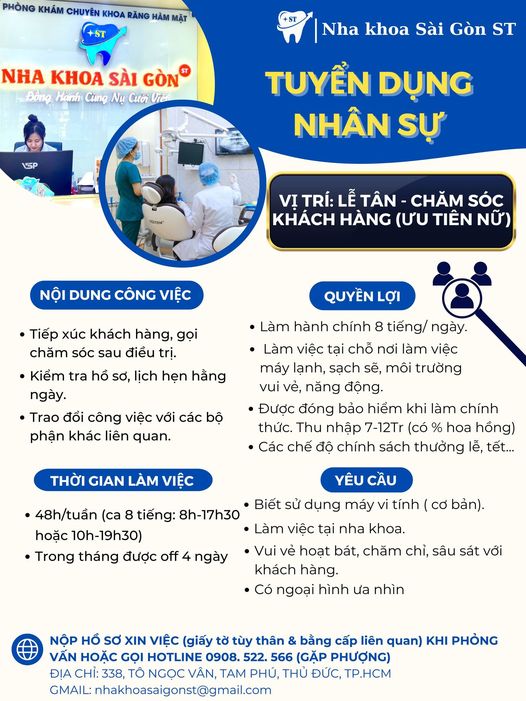 Nha Khoa Sài Gòn ST cần tuyển nhân viên Lễ Tân - Chăm Sóc Khách Hàng