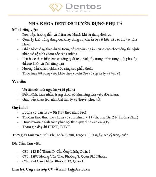 NHA KHOA DENTOS TUYỂN DỤNG PHỤ TÁ