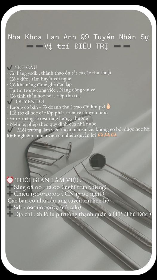 Nha Khoa Lan Anh Q9 Tuyển Nhân Sự  ➖➖Vị trí NỮ ĐIỀU TRỊ ➖➖