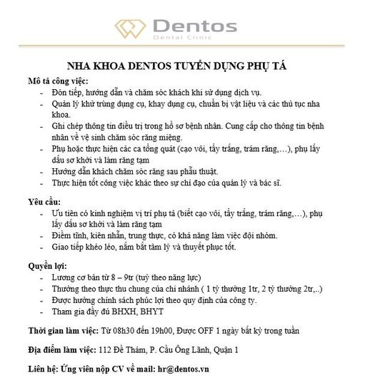 NHA KHOA DENTOS TUYỂN DỤNG PHỤ TÁ