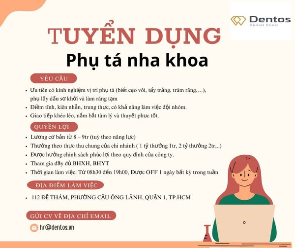 NHA KHOA DENTOS TUYỂN DỤNG PHỤ TÁ