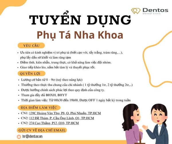 NHA KHOA DENTOS TUYỂN DỤNG PHỤ TÁ
