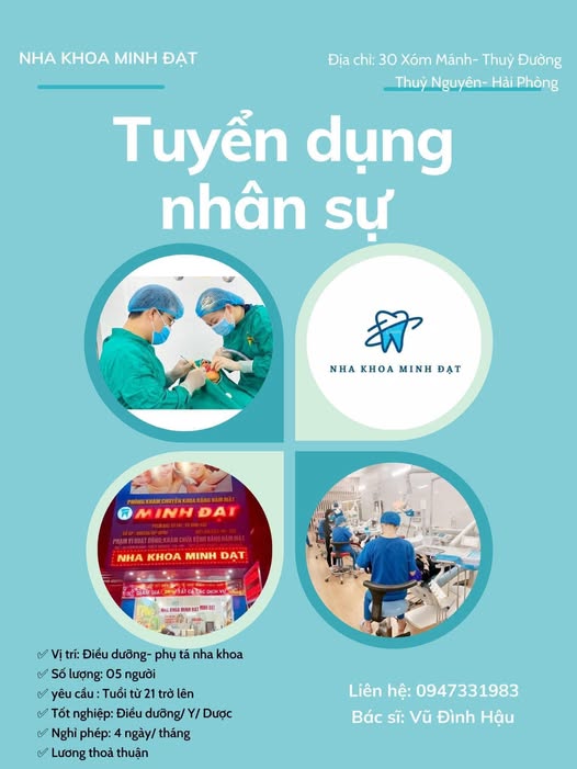 𝐍𝐡𝐚 𝐤𝐡𝐨𝐚 𝐌𝐢𝐧𝐡 Đ𝐚̣𝐭 đang tuyển dụng vị trí điều dưỡng- phụ tá nha khoa 