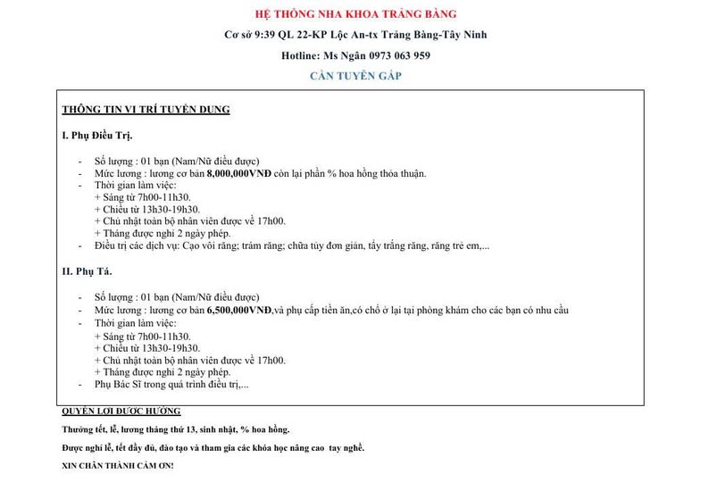 THÔNG TIN VỊ TRÍ TUYỂN DỤNG I. Phụ Điều Trị