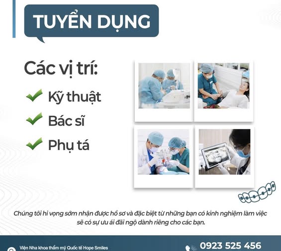 Vị trí cần tuyển: – Bác Sĩ( Số lượng 2). – Phụ Tá( Số lượng 5). – Kỹ Thuật Viên( Số lượng 5).
