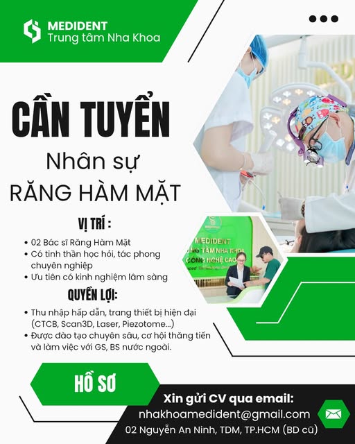 Vị trí cần tuyển: 02 Bác sĩ Răng Hàm Mặt 02 Phụ tá nha khoa