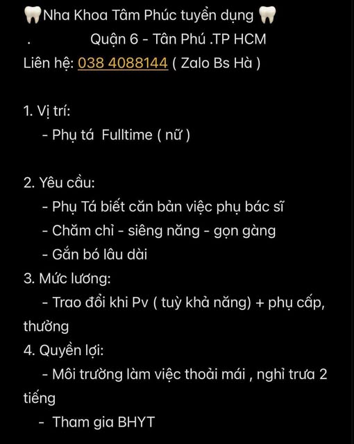  Vị trí: Phụ tá Nha khoa Full-time (Nữ)