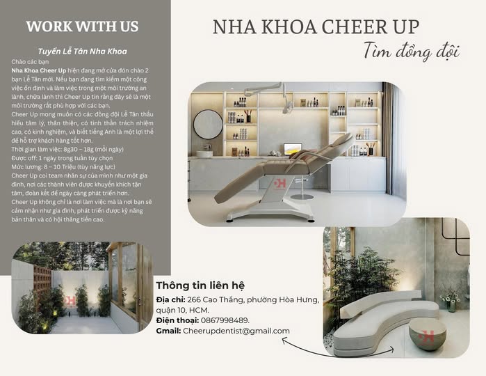 Nha khoa Cheer Up hiện đang mở cửa đón chào 2 bạn Lễ Tân mới.