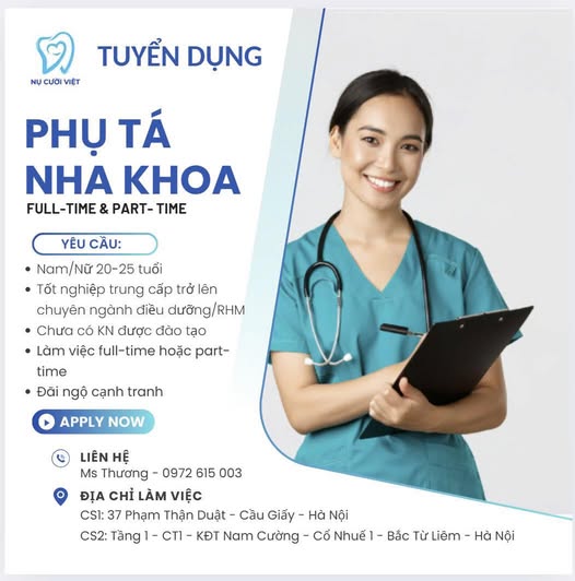 Chiêu mộ 💥 PHỤ TÁ NHA KHOA (fulltime/partime)